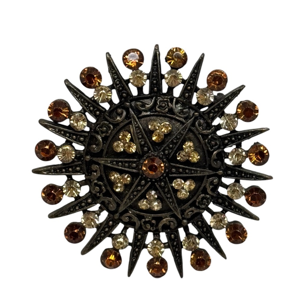Bronze tone Starburst Brooch Pin with Rhinestones